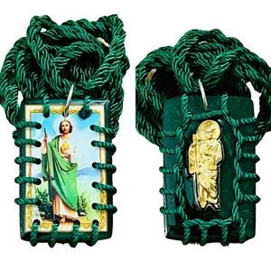 St Jude Reversible Scapular Necklace Wood Handmade Gold Plated Green Rope New